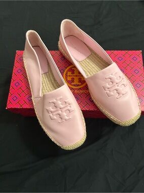 Tory Burch Pale Pink Leather Espadrille Flats with Jute Trim